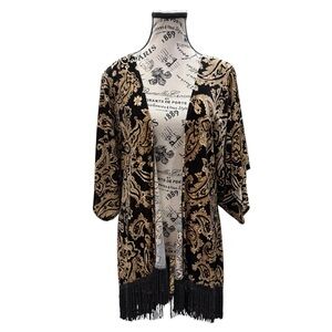 Black and Gold Velvet Kimono with Fringe